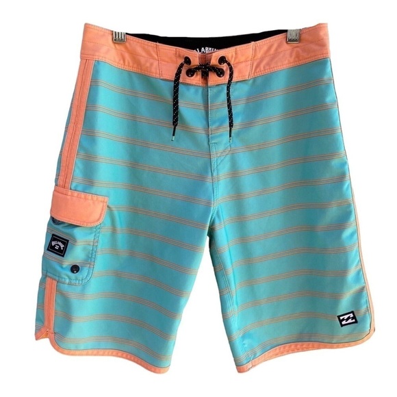 Billabong Recycler 73 Pro Orange Teal Striped Board Shorts Size 25 - Picture 1 of 10